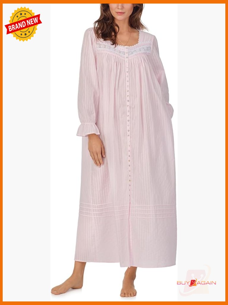 100% Cotton Longsleeve Full-Length Robe Nightgown Lace Pintucks